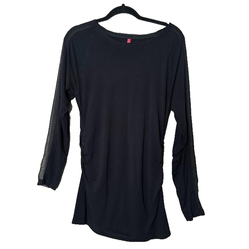 Ruby Ribbon Top Large Black Viscose Stretch Jersey Long Sleeve Ruched Mesh Basic
